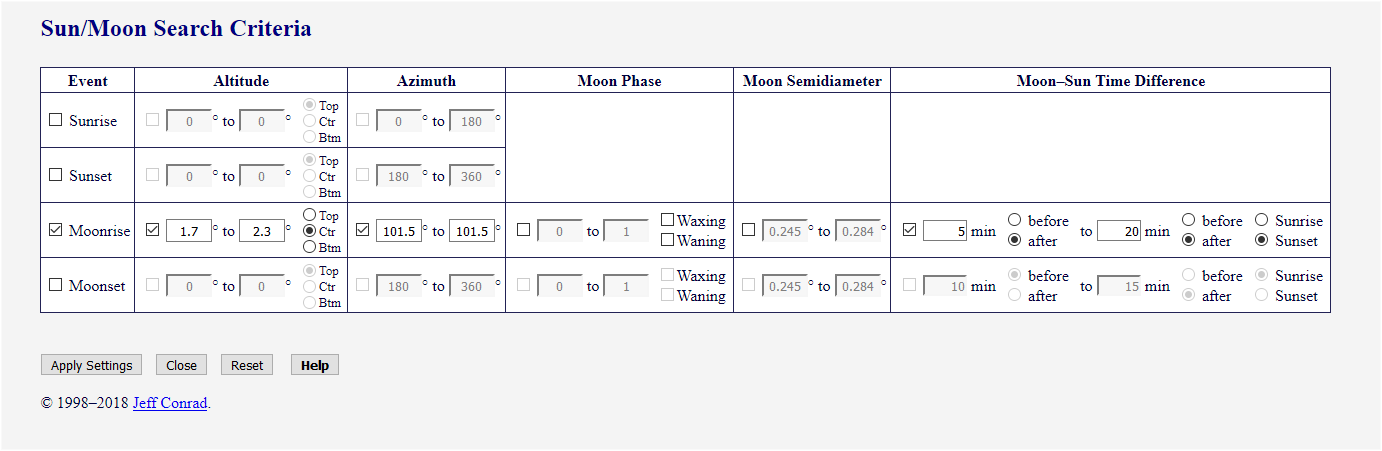 Sun/Moon Search Criteria Form with Moon semidiameter